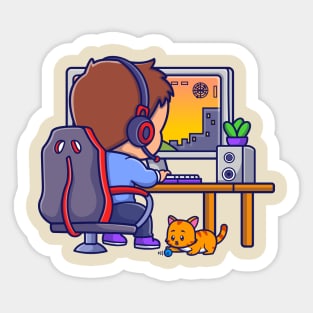 Cute Boy Gamer Playing Game On Computer Cartoon Sticker